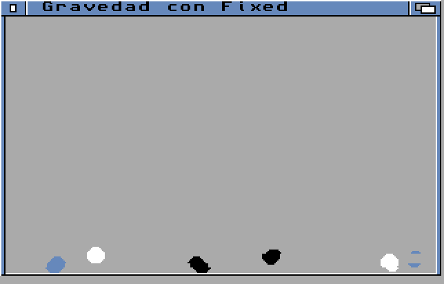 Bolas que caen y botan con números de coma fija: la gravedad, 0,85 al rebotar… y en C, enteros. En un 68000, multiplicar en Fixed es 2,6 veces más rápido que en Float.